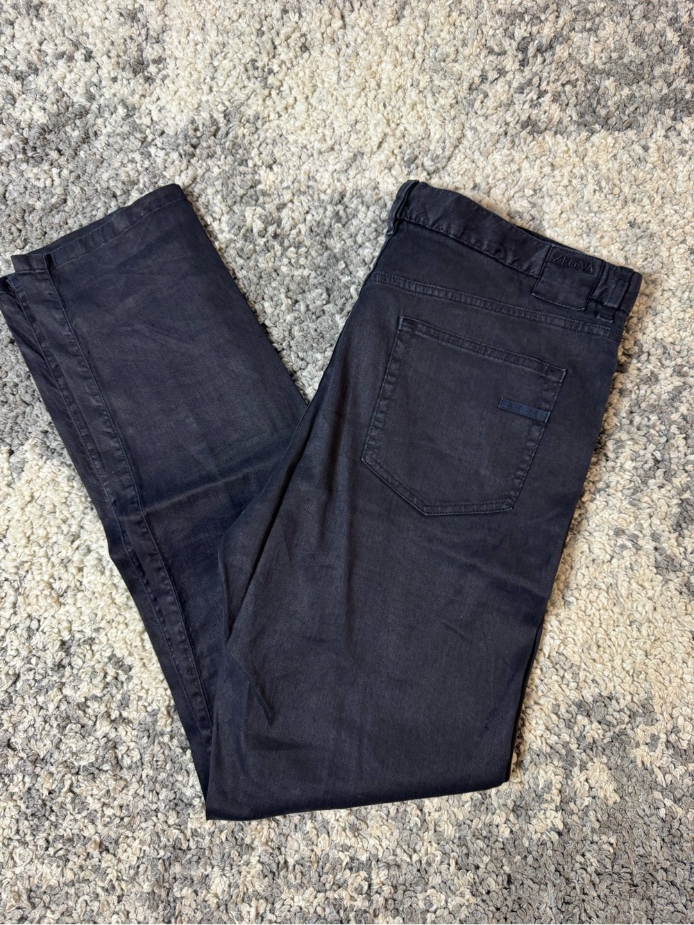 Zegna, Men's Dark Wash Navy Slim Jeans, Linen Blend, 38